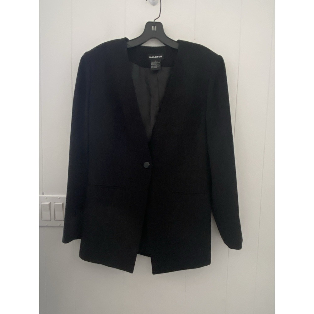 Halston Black Pinstripe Blazer Jacket Women's Size 6 single Button Shoulder Pads